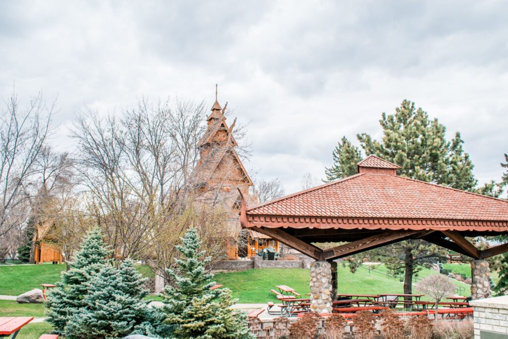 Covered shelter with picnic tables at the Scandinavian Heritage Park in Minot, ND.