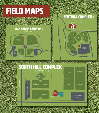 Thumbnail image - Illustrated map of Minot baseball and softball field complexes showing field numbers, parking, and amenities.