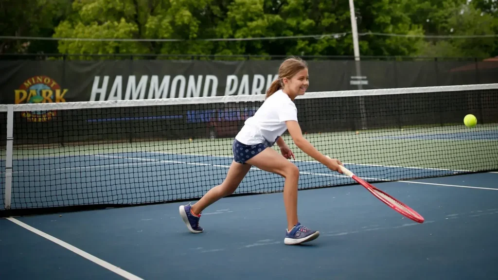 A child on a tennis court holding a racket and preparing to hit a tennis ball during a youth lesson.