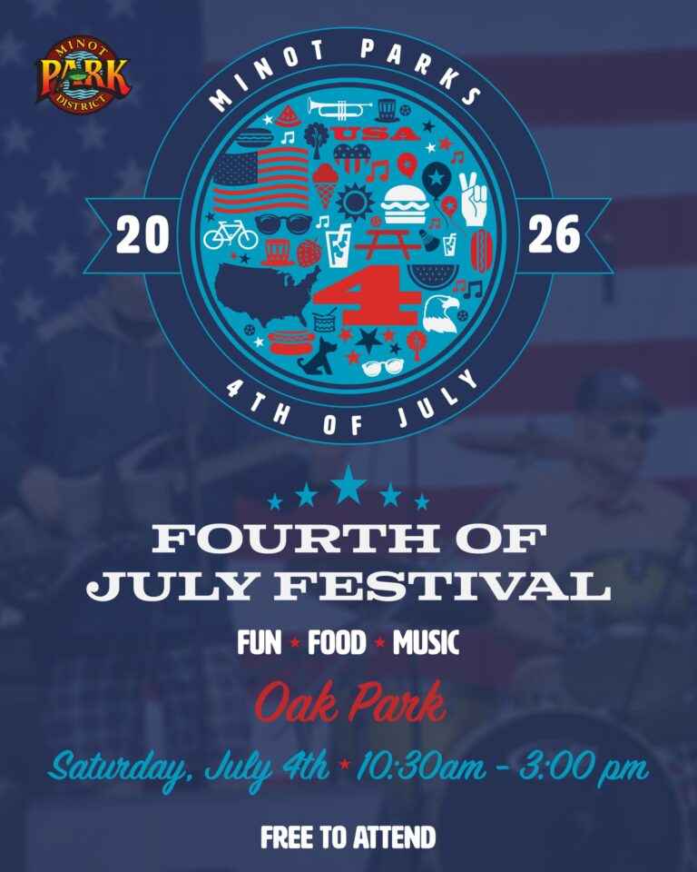 Minot Parks District 2026 4th of July Festival flyer for Oak Park on Saturday, July 4th from 10:30am to 3:00pm.