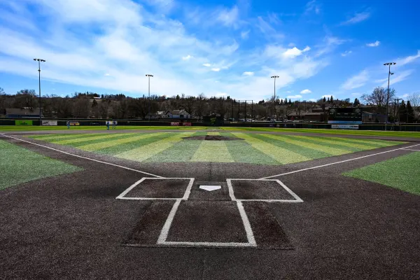 View of a well-maintained baseball field with green grass, clear blue sky, and visible home plate, ideal for baseball games.