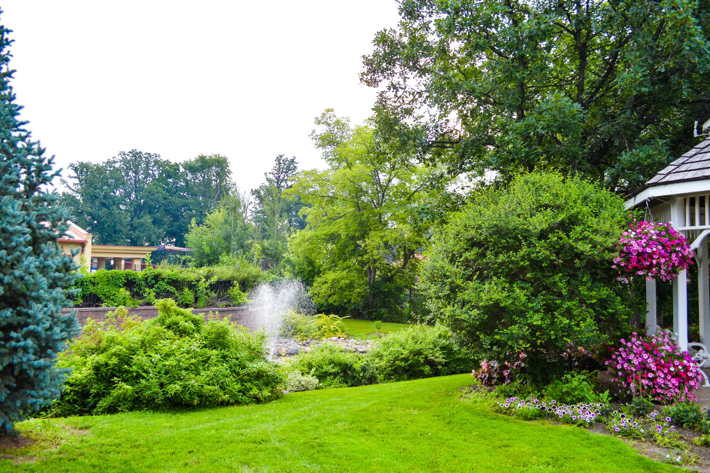 Water fountain spraying in a lush green garden with a gazebo decorated with hanging pink flowers.