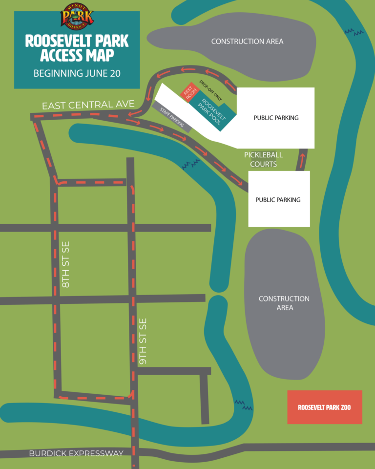 Detailed Roosevelt Park Access Map illustrating road routes, pedestrian pathways, and designated construction zones.