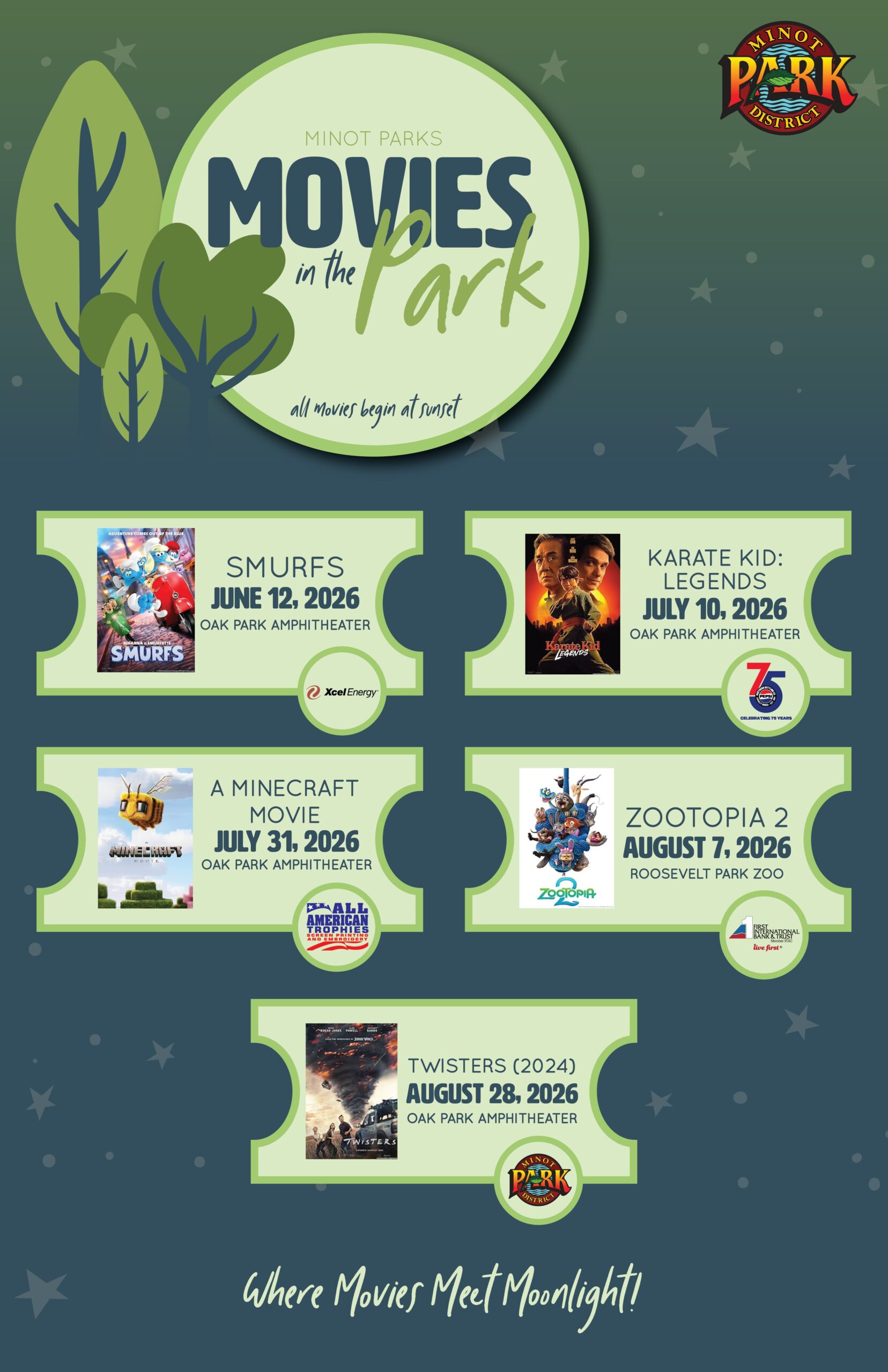 Minot Parks Movies in the Park 2026 event schedule listing five film screenings with dates and locations.