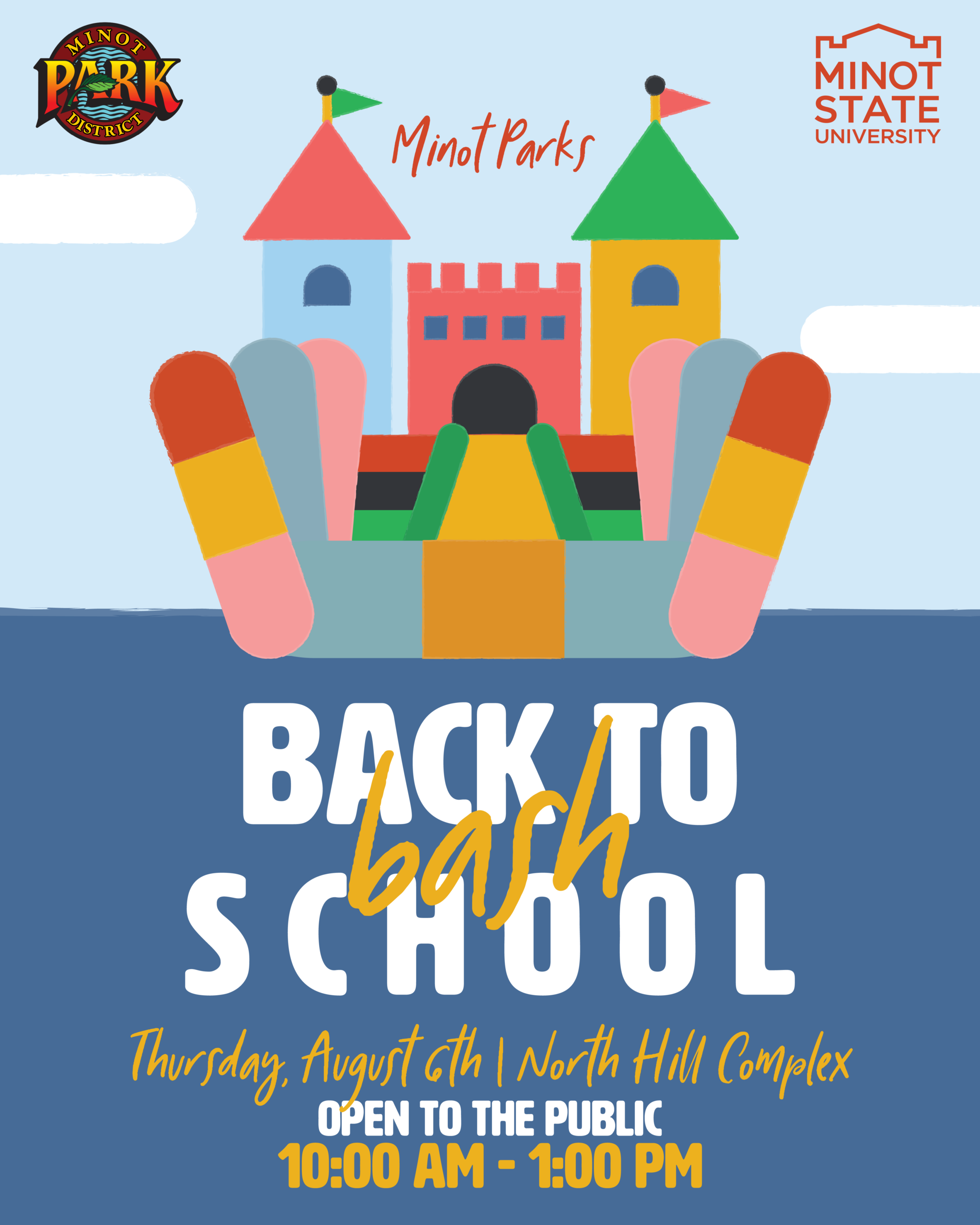 Colorful inflatable castle flyer for Back to School Bash at North Hill Complex on Thursday, August 6th, 10 AM-1 PM.