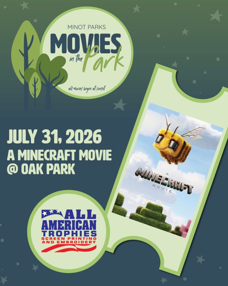 Flyer for A Minecraft Movie at Oak Park on July 31, 2026, featuring a Minecraft bee and Minot Parks branding.