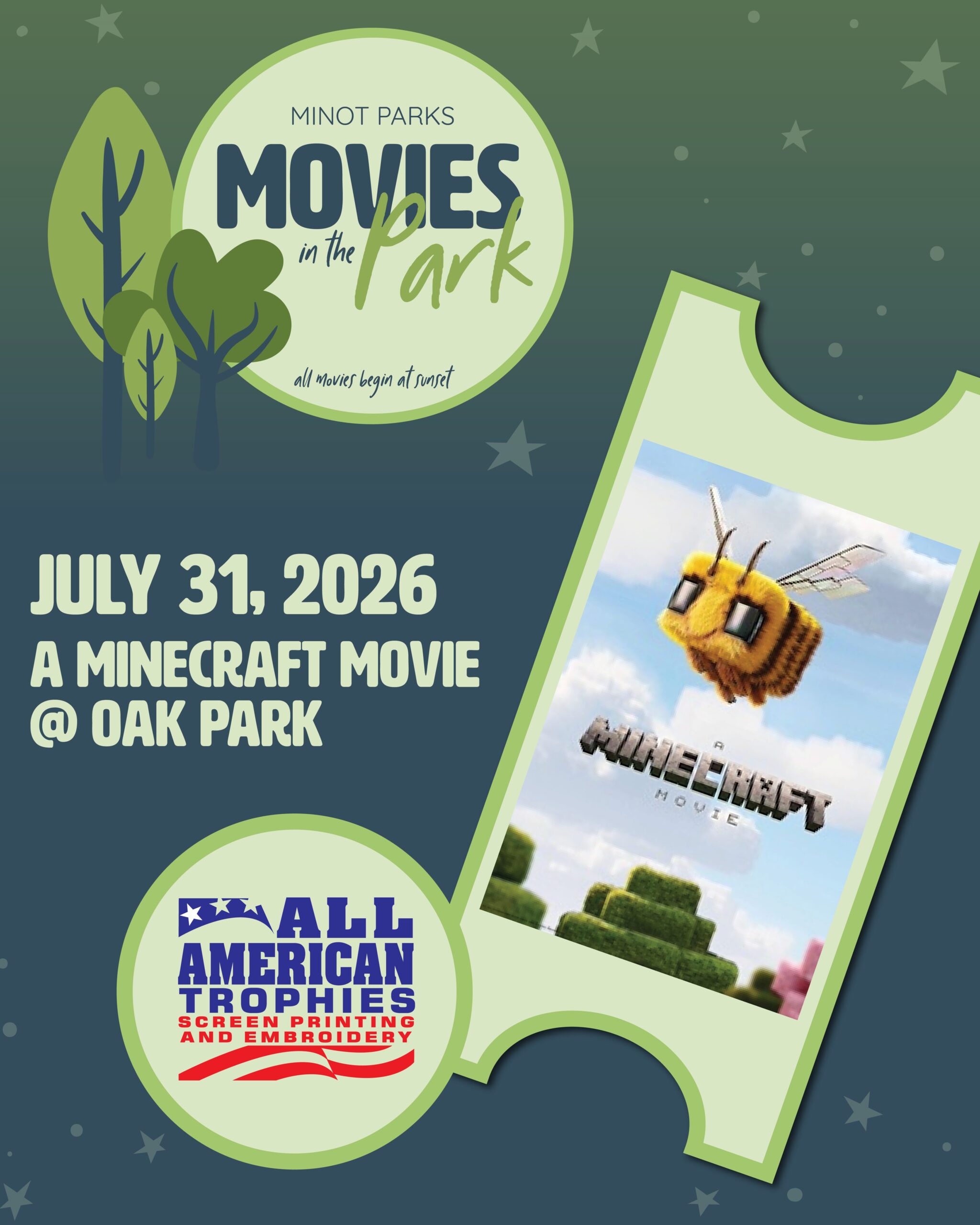 Flyer for A Minecraft Movie at Oak Park on July 31, 2026, featuring a Minecraft bee and Minot Parks branding.