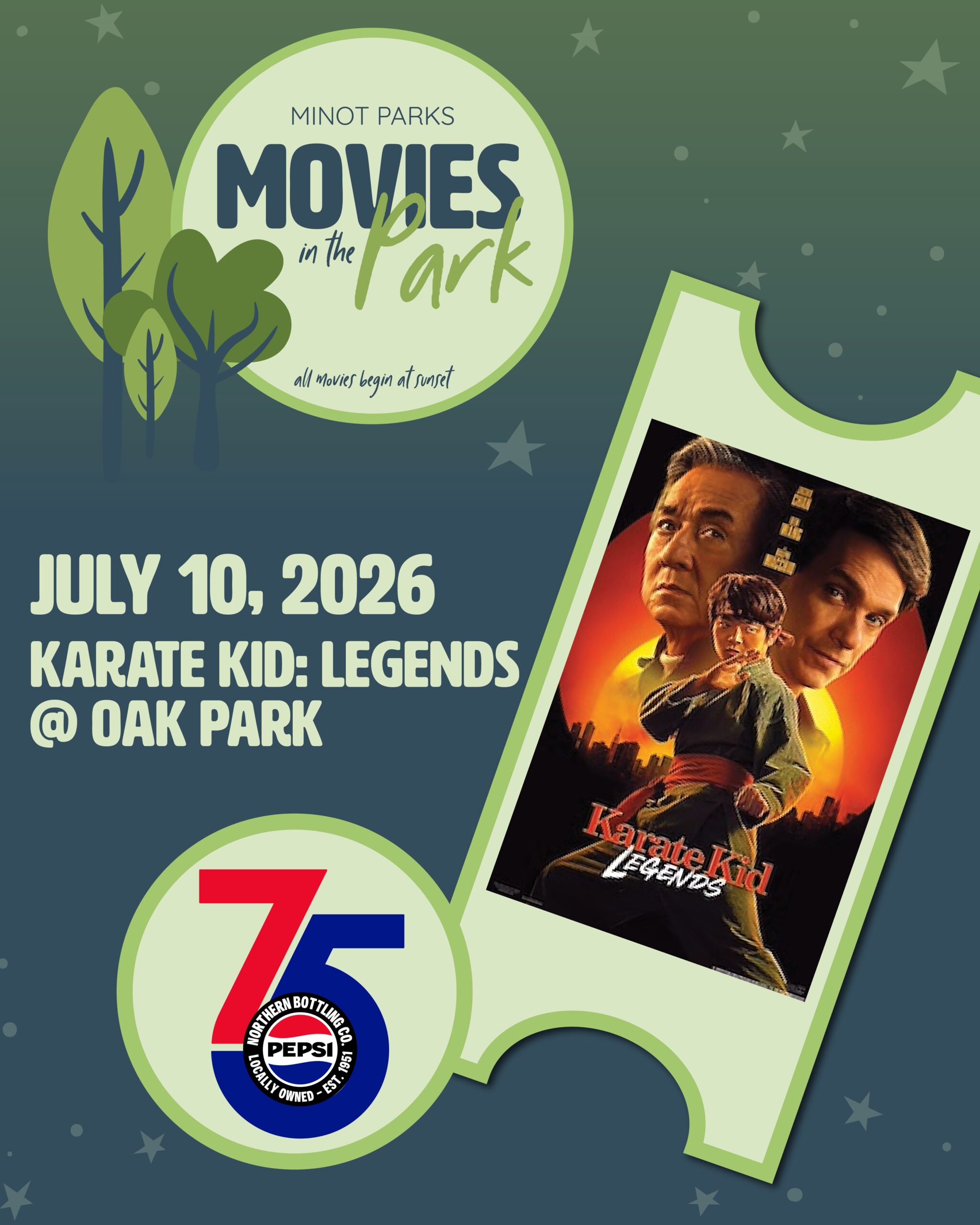 Minot Parks Movies in the Park event flyer for Karate Kid: Legends at Oak Park on July 10, 2026.