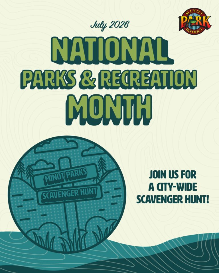 July 2026 National Parks & Recreation Month flyer for a Minot Park District city-wide scavenger hunt.