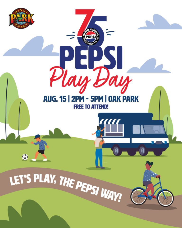 Pepsi Play Day flyer for an Aug 15 event at Oak Park featuring a child playing soccer and a child riding a bicycle.