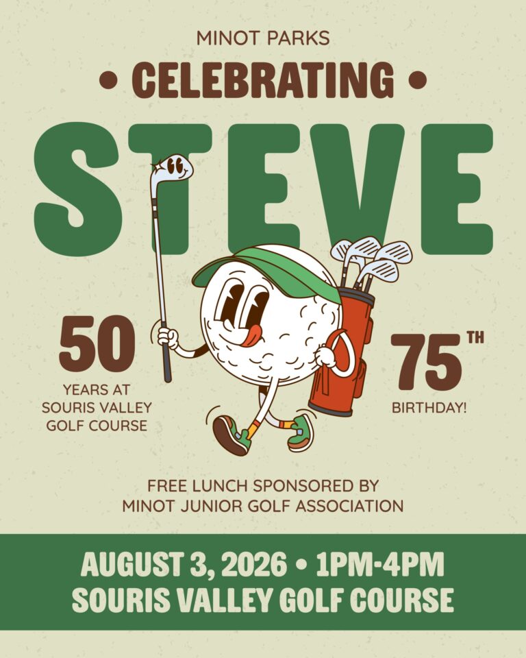 Invitation for Steve's 50 years at Souris Valley Golf Course and 75th birthday celebration on August 3, 2026.