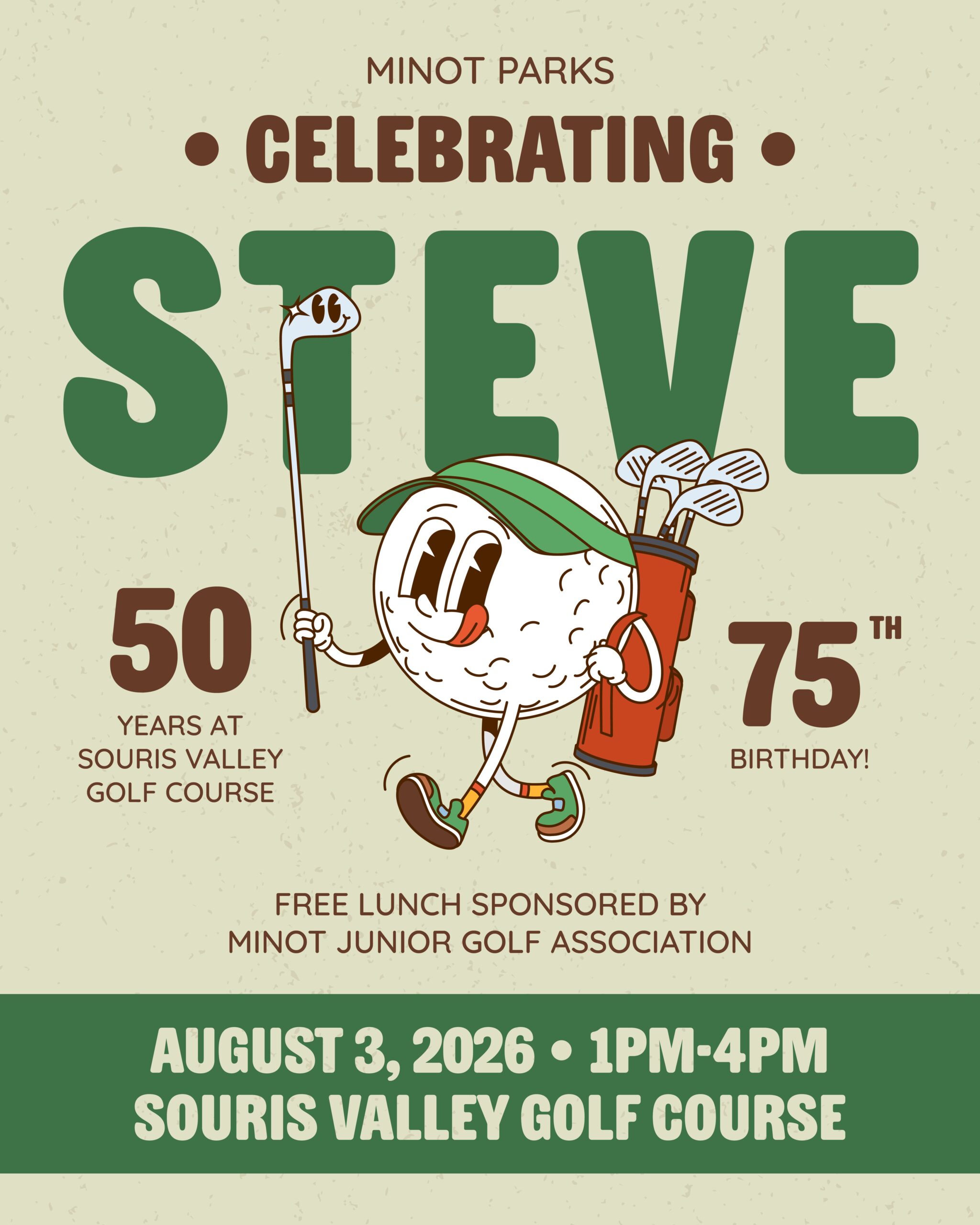Invitation for Steve's 50 years at Souris Valley Golf Course and 75th birthday celebration on August 3, 2026.