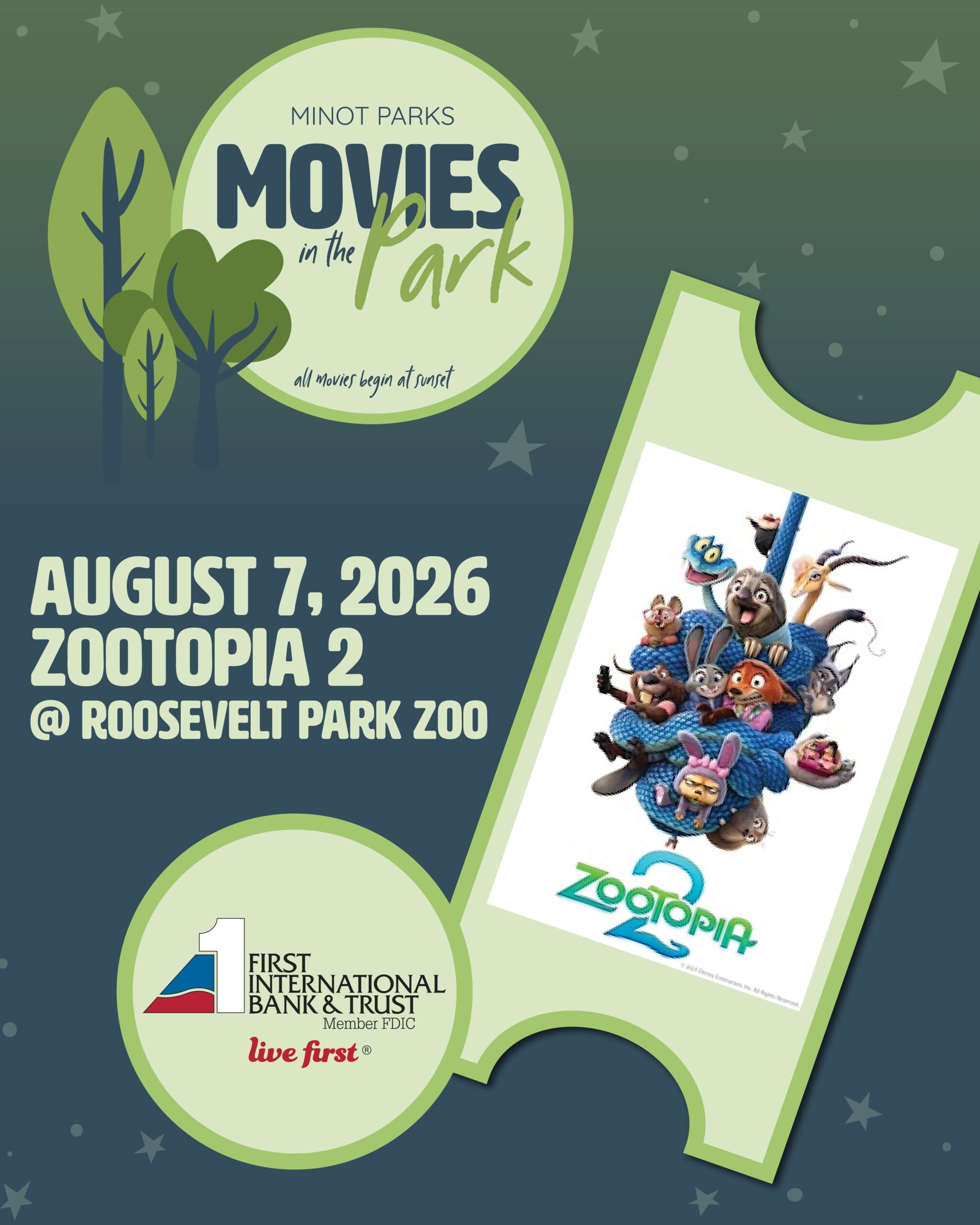 Minot Parks Movies in the Park poster advertising Zootopia 2 at Roosevelt Park Zoo on August 7, 2026.