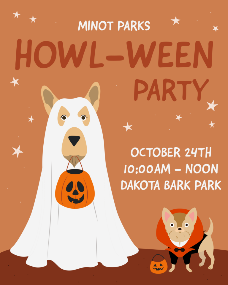 Minot Parks Howl-Ween Party poster: white dog in ghost costume holds pumpkin bucket, chihuahua in devil cape stands by jack-o'-lantern.