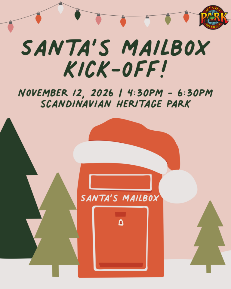 Red Santa's Mailbox with Santa hat and 'Santa's Mailbox Kick-Off!' text, November 12, 2026, 4:30pm-6:30pm, Scandinavian Heritage Park