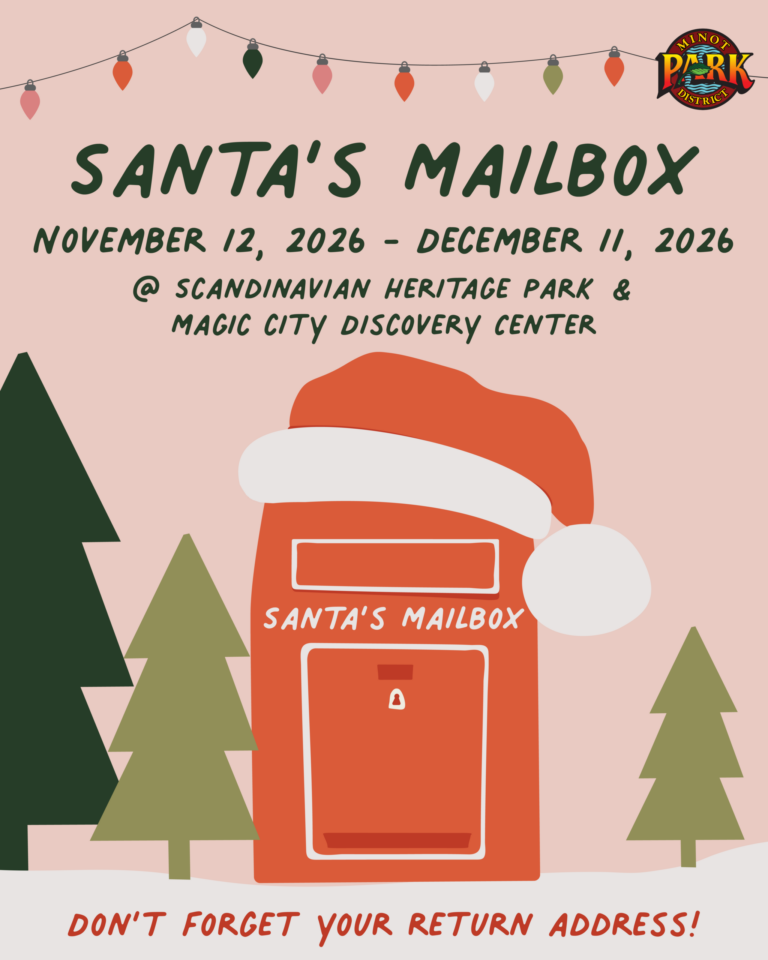Red Santa's Mailbox with Santa hat and 'Santa's Mailbox Kick-Off!' text, November 12, 2026, 4:30pm-6:30pm, Scandinavian Heritage Park