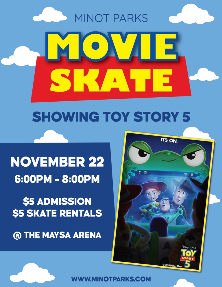 Minot Parks Movie Skate flyer showing Toy Story 5 on November 22 at The Maysa Arena